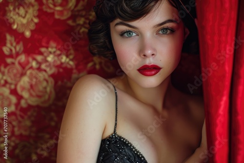 Young American female model as a vintage Hollywood starlet, with glamorous attire and a classic cinema backdrop.