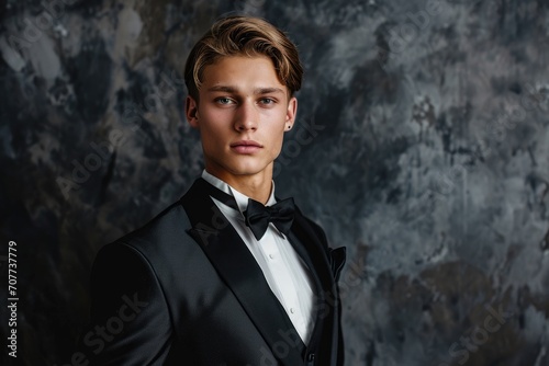Young American male model in formal evening wear, exuding elegance and sophistication, against a luxurious velvet background.