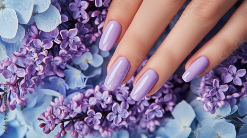 Photos of the design of purple nails on the hands, advertising the color of the nails photo