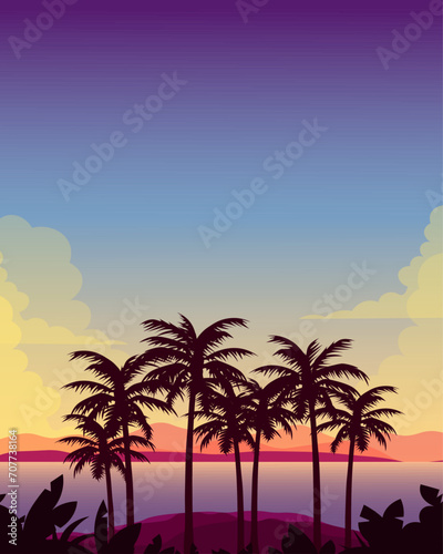 Tropical island poster design, night landscape, vertical banner