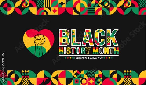 African American Black history month colorful lettering typography with Neo geometric seamless pattern background. Juneteenth Independence Day. Kwanzaa. Celebrated February in united state and Canada.