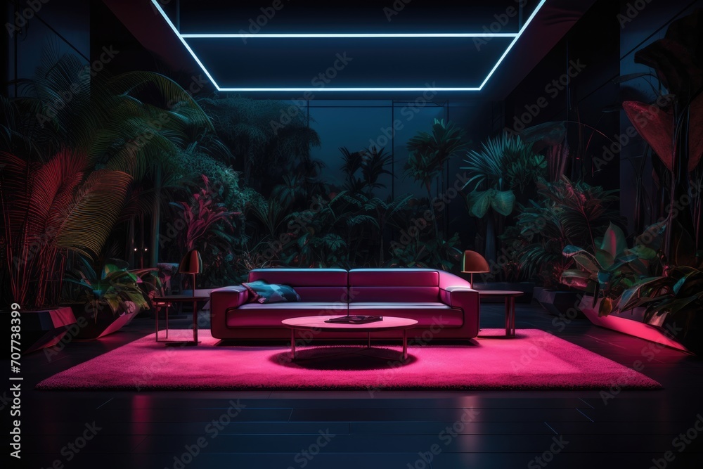 Φωτογραφία The interior of the living room with a sofa and indoor plants at night with pink neon lighting