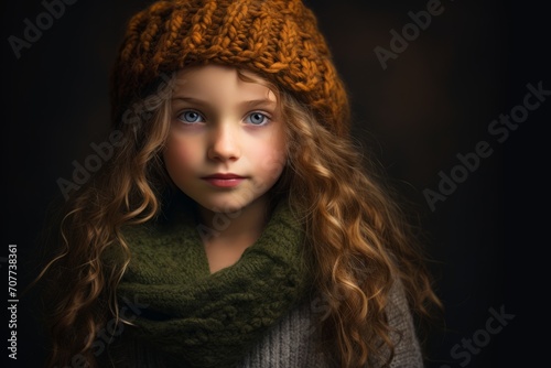 Portrait of a beautiful little girl in a warm hat and scarf.