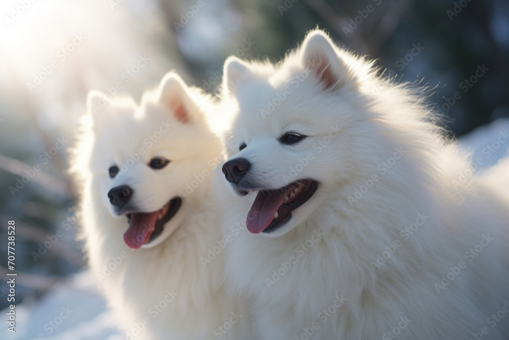 Two white alaskan malamute dog puppy