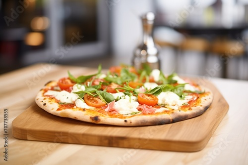 a margherita pizza on a wooden board