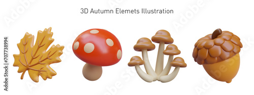 Cute autumn realistic elements on white background. Isolated maple leaf, toadstool, honey agaric, acorn. Natural textured decorative objects. Eco vector concept