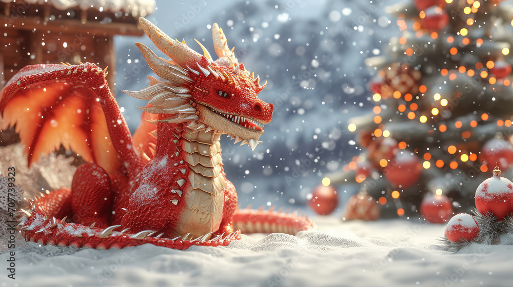A red dragon is sitting next to winter scenes, In the style of festive atmosphere. Generative AI.