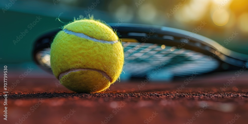 Banner photo of tennis ball at tennis racket, Medium close-up, Beautiful lighting. Generative AI.