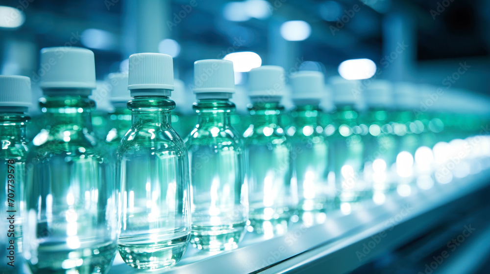 Row of Glass Bottles on Metal Shelf in a Pharmaceutical Production Line. Bottles with medicines on the conveyor. Selective focus. Close-up. Row of Glass Bottles on Metal Shelf in a Pharmaceutical Production Line. Bottles with medicines on the conveyor. Selective focus. Close-up.