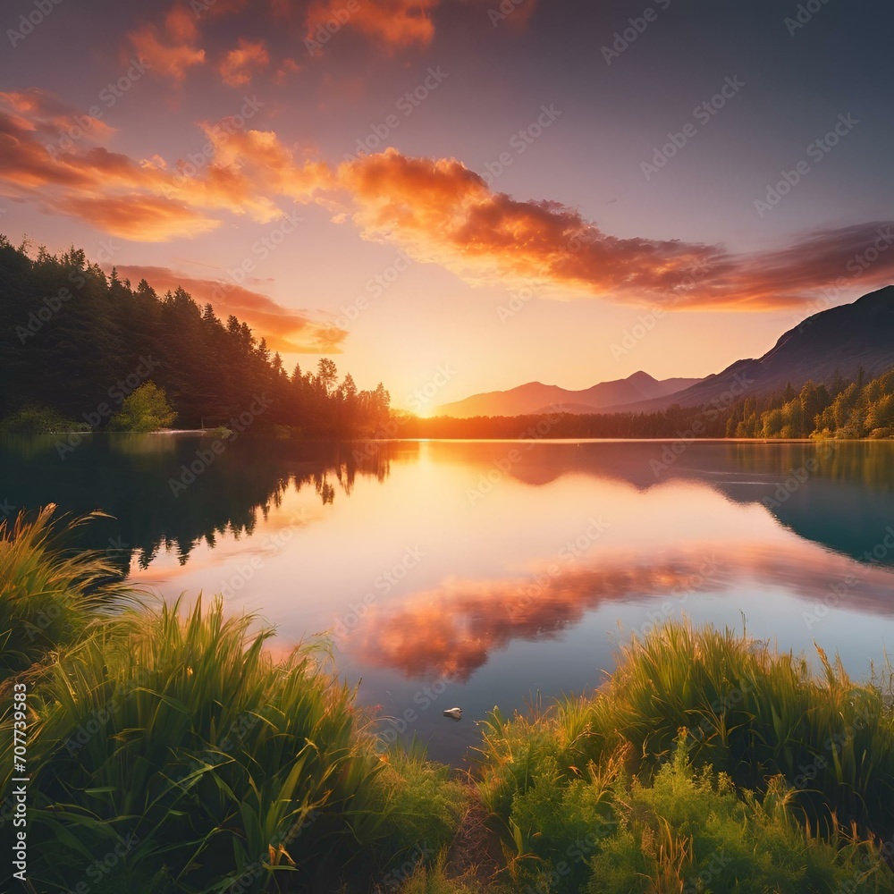 AI generated illustration of a stunning early morning view of a golden horizon tranquility
