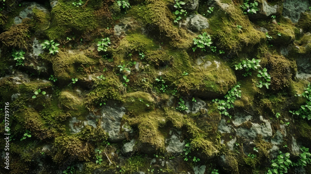 A background of green moss. Moss Green Herb on the stones. Wall of natural green moss