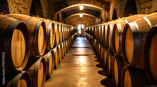Old wooden oak barrels in underground cellars for aging wine or whiskey  vintage barrels and barrels in an old cellar  ideal storage for aging delicious wine. Cognac
