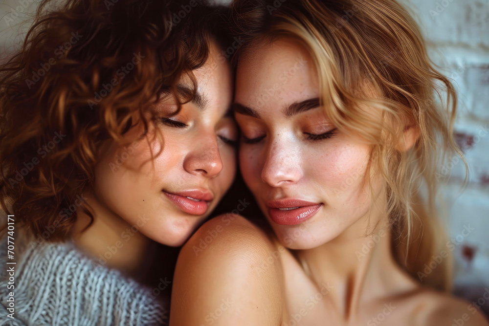 Affectionate lesbian couple face to face with eyes closed. Radiant LGBT love. Affectionate lesbian couple face to face with eyes closed. Radiant LGBT love.