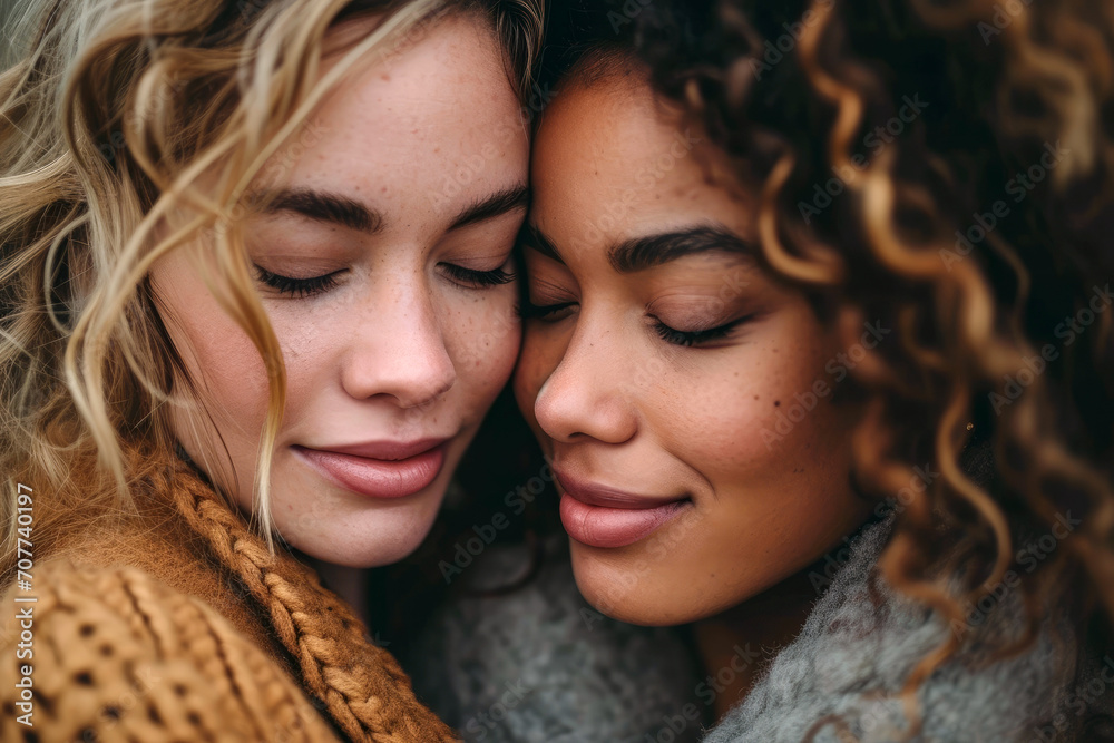 Affectionate lesbian couple face to face with eyes closed. Radiant LGBT love. Affectionate lesbian couple face to face with eyes closed. Radiant LGBT love.