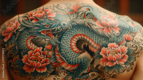 Asian tattoo art, closeup of colorful dragon patterns on the body. photo