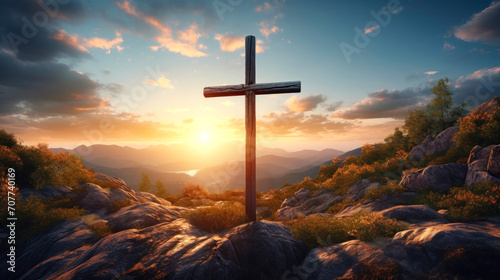 Silhouette of a cross against a background of thunderclouds and light. Calvary. Easter concept. Resurrection of Jesus. photo