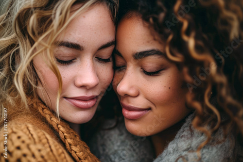 Affectionate lesbian couple face to face with eyes closed. Radiant LGBT love.