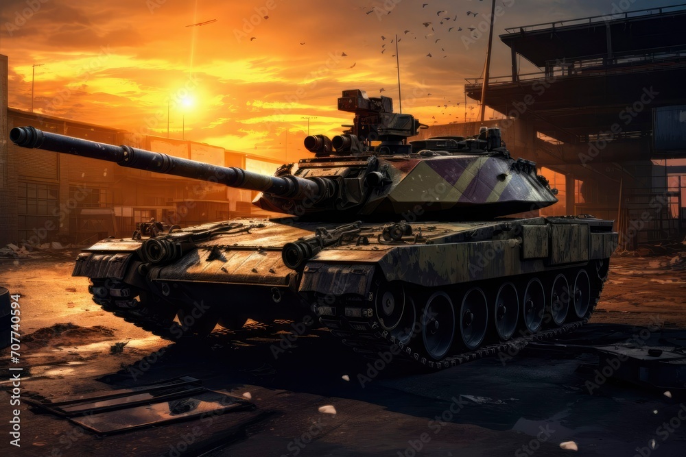 Tank in the sunset. Military tank in army base garage. Military war and defense equipment