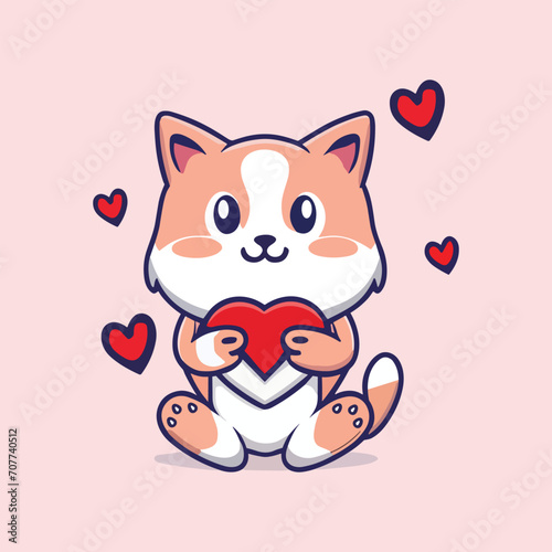 minimal colorful cute cat holding hearts, flat vector design