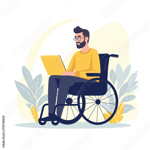 A man in a wheelchair is working on a laptop in this vibrant vector illustration.