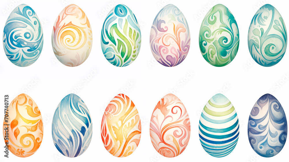 Watercolor set of colorful Easter eggs with ornament. Happy Easter art isolated on white background. Collection of hand drawn pastel Easter eggs.