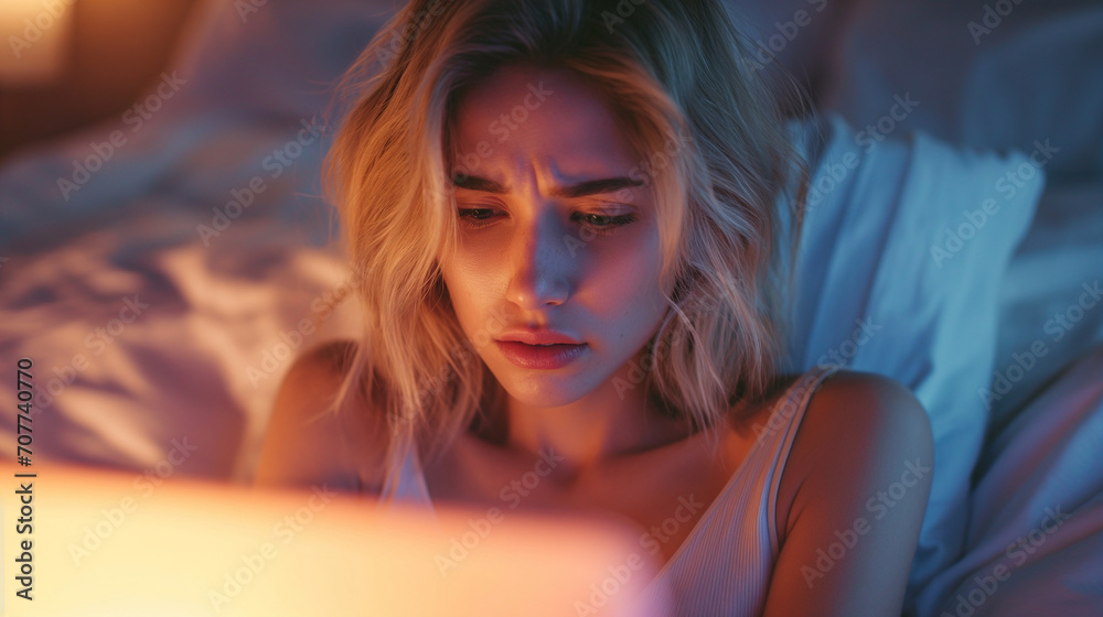 sad depressed girl sitting on bed and looking at laptop sad depressed girl sitting on bed and looking at laptop