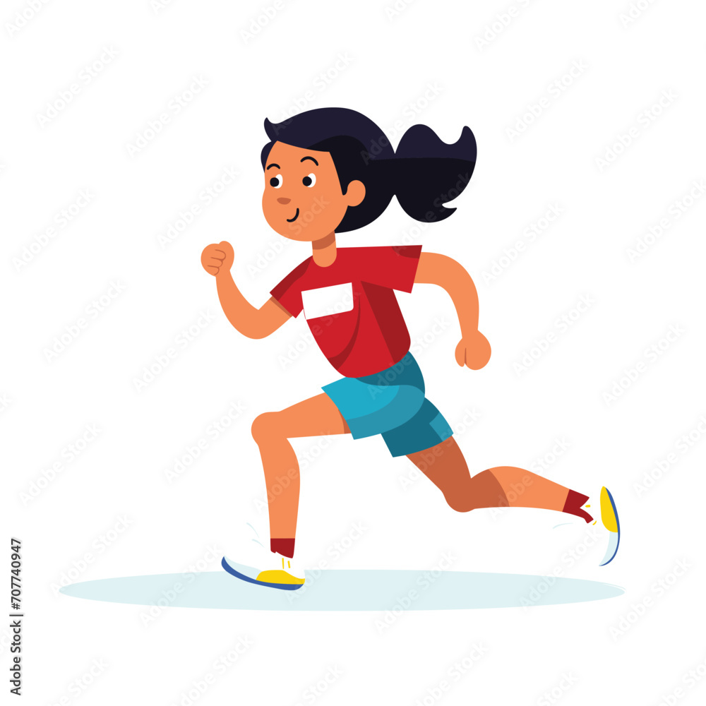 A cartoon girl with dark hair is running energetically in athletic gear in a vector illustration.