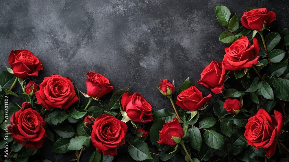 Valentines day border with red roses on black background with copy space, View from above. Generative AI. Valentines day border with red roses on black background with copy space, View from above. Generative AI.