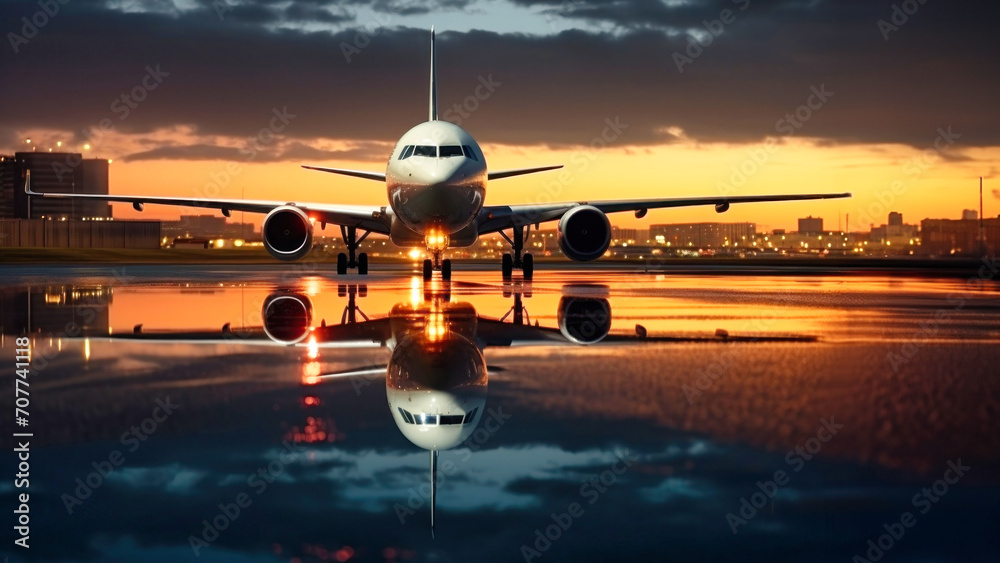 An airplane with passengers takes off from a modern airport in the evening at sunset. An airplane with passengers takes off from a modern airport in the evening at sunset.