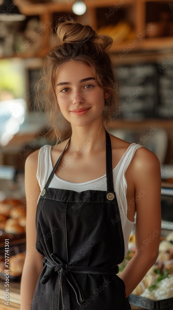 Waist length portrait of young beautiful smiling woman in shop. She working cashier