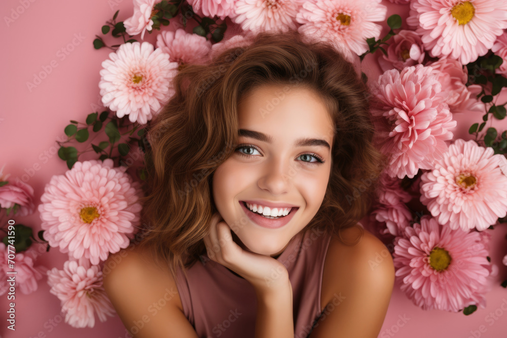 Attractive flowers face women portrait female happy young hair person smile fashion model beauty