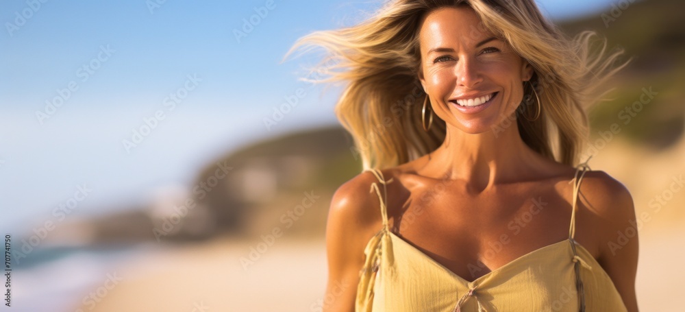 Smiling woman enjoying sunny beach day. Summer relaxation. Smiling woman enjoying sunny beach day. Summer relaxation.