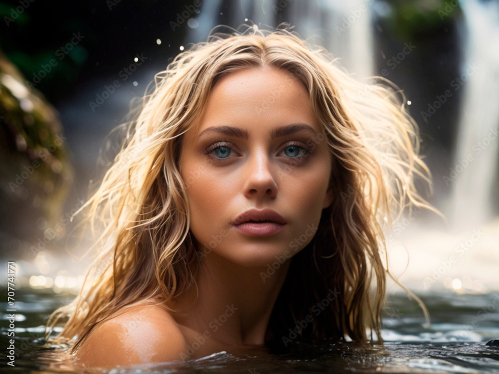 Portrait of a beautiful young woman bathing in a waterfall. Spa concept.