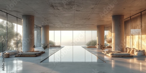 Interior of a conceptual minimalism and brutalism architecture design home. Generative AI.