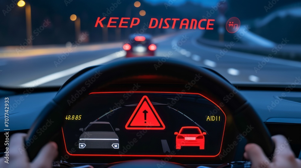 Smart Car Safety Alert on Dashboard.
A close-up of a car's dashboard display alerting the driver to maintain a safe distance. - obrazy, fototapety, plakaty 