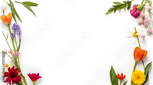 Frame with flowers on white background. Spring and summer concept copy space banner 