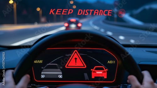 Smart Car Safety Alert on Dashboard.
A close-up of a car's dashboard display alerting the driver to maintain a safe distance. photo