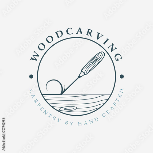 chisel line art vector with emblem logo, wood carving,carpentry illustration template design