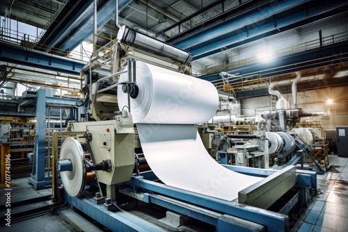 Factory for the production of paper and cardboard. Production equipment for paper production. Big machine. The machine makes paper. © Anoo