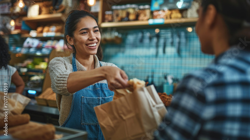 Cheerful woman wearing a denim apron over a cozy sweater, handing over a paper bag to a customer in a warmly lit, vibrant grocery store setting. photo