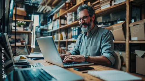 Middle-aged smiling at the camera, working on a laptop in a warehouse with shelves stocked with boxes in the background.