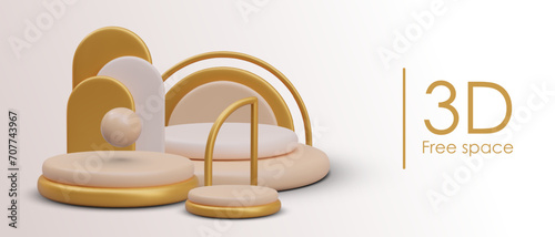 Poster with free space in realistic style. Composition with golden stage, with golden arches