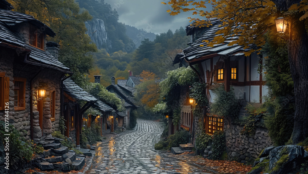 Φωτογραφία The winding wet cobbled street meanders through a charming village nestled in the heart of the mountains