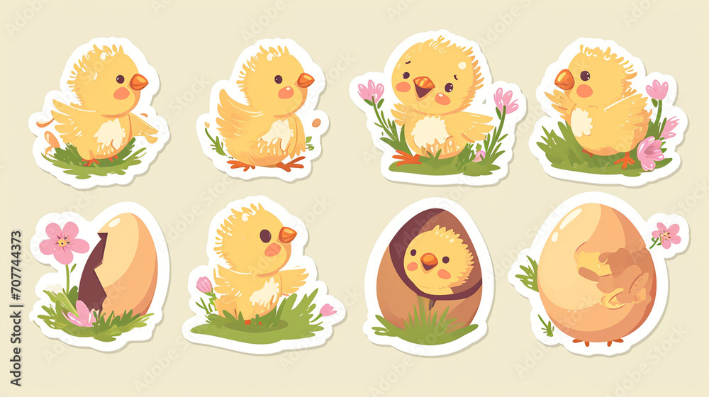 Chick Charm: A vector sticker set showcasing sweet little chicks hatching from eggs, conveying the essence of new beginnings and the Easter season, easter, sticker, vector Chick Charm: A vector sticker set showcasing sweet little chicks hatching from eggs, conveying the essence of new beginnings and the Easter season, easter, sticker, vector