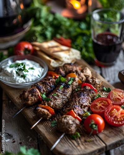 Shish kebab, skewers with beef, lamb and vegetables served on the wooded plate. Fast food concept ad photo.