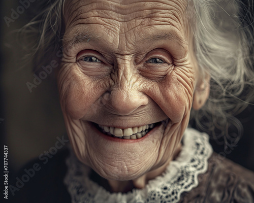 Incredible Portrait of a European Old Granny: A Spirited Laugh Complementing Wrinkles of a Life Well-Lived, Accompanied by Silver Tresses, Capturing the Essence of Joyful Aging
