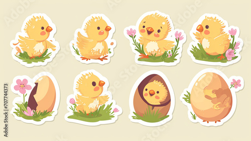 Chick Charm  A vector sticker set showcasing sweet little chicks hatching from eggs  conveying the essence of new beginnings and the Easter season  easter  sticker  vector