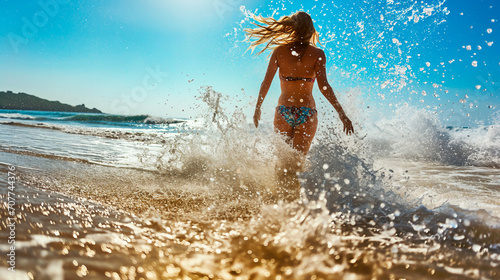 Joyful woman in water, sunlit splashes, summer beach day. Holiday or summer vacation theme. Shallow field of view.