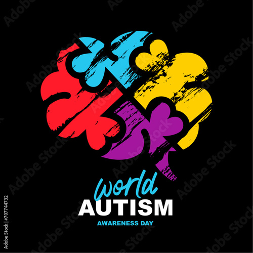 Colored brain consisting of six pieces of puzzles with hearts, hand-drawn in colors. World Autism Awareness Day