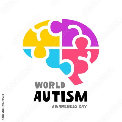 A brain consisting of four colorful puzzle pieces. World Autism Awareness Day.
